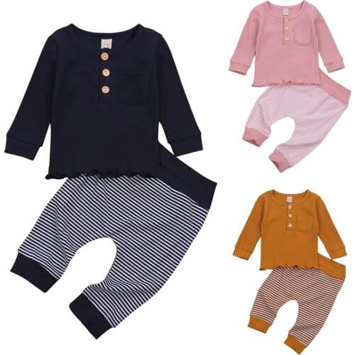 2020 New Fall Autumn 0-24M Infant Baby Boy Girl 2Pcs Set Pocket Buttons Long Sleeve Top+Striped Pants Toddler Outfit Clothes