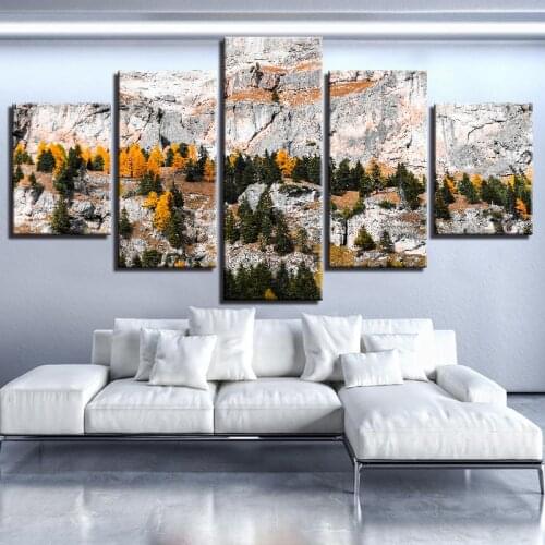 5 Pieces Forest and Trees Canvas Wallpapers Yellow Trees and Mountain Wall Art Posters Painting Landscape Picture Decor