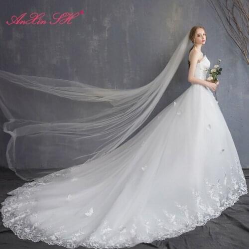AnXin SH princess rose flower white lace wedding dress vintage beading crystal spaghetti strap ball gown bride wedding dress