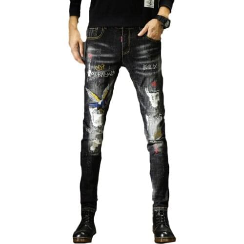 Free Shipping New 2020 mens male trend hole embroidery jeans spray paint personalized printing pattern beggar pants trousers
