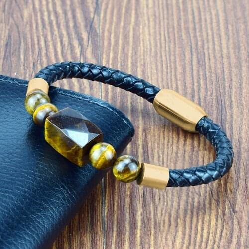 Unique Men Bracelet Rope Stainless Steel Magnetic Natural Stone Leather Beaded Braclet Tiger Eye Stone Bangles Punk Jewelry Gift
