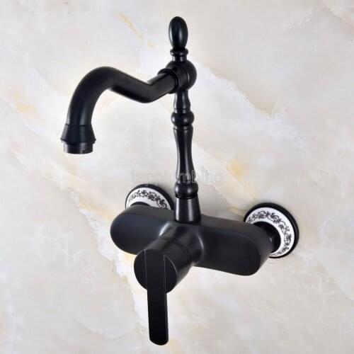 Black Oil Rubbed Bronze Wall Mounted Bathroom Basin Faucet / 360 Swivel Spout Kitchen Sink Mixer Taps tnf841