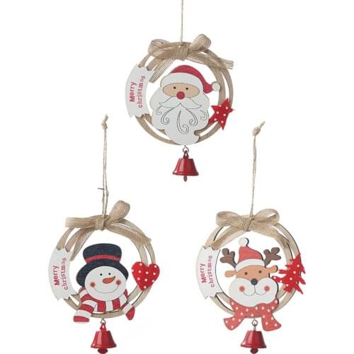 DIY Santa Claus Wooden Christmas wreath pendant Creative bow with bell wood ring hanging plate Christmas Tree Hanging Decoration