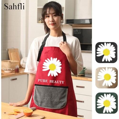 Household Apron with Pocket Cute Daisy Pattern Cooking Kitchen Aprons Adjustable Hanging Neck Strap Sleeveless Bib Work Uniform