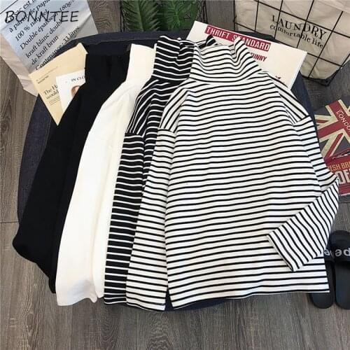 Long Sleeve T-shirts Women Elegant Unisex Loose Striped Turtleneck Womens All-match Simple Leisure Korean Style Trendy Chic