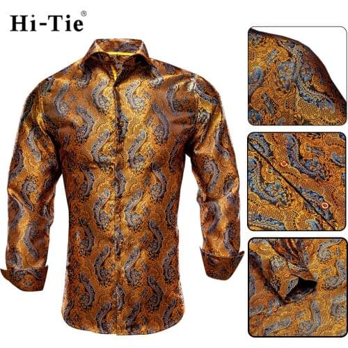 Hi-Tie Silk Gold Novelty Casual Mens Shirt Luxury Silver Shirt For Men Wedding Dress Fashion Slim Fit Long Sleeve Dropshipping