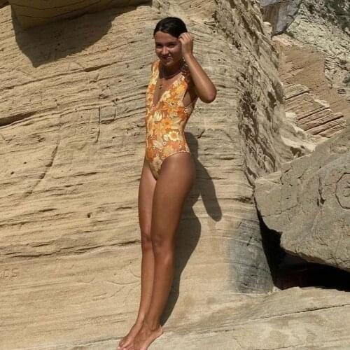 JUNWU 2021 Summer Womens Orange Printed Bikini One-Piece Swimsuit Open Back Design Deep V Neck No Pants Za Sexy Beach Style