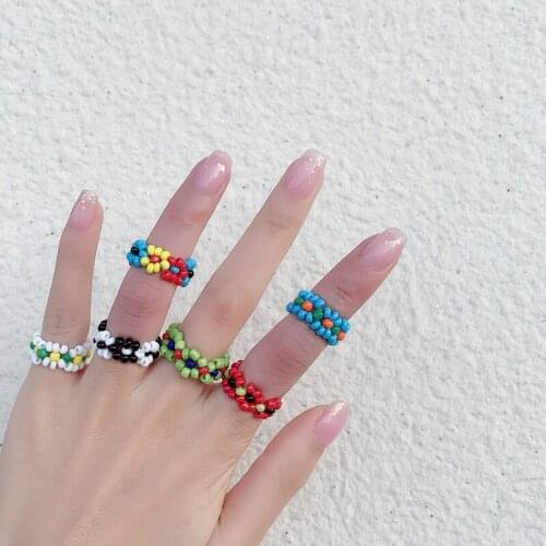 Creative Bohemian Finger Ring Mix Colors Lovely Handmade Beaded Ring Elastic Knuckle Ring For Girl Women Jewelry Accessories