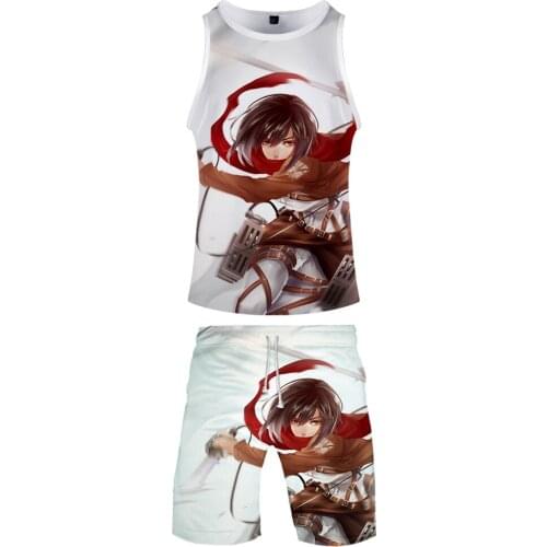 Fashion 3D Anime Print Attack On Titan Two Piece Sets Summer Baseball Tank Tops+Beach Shorts Cool Streetwear Popular Clothes