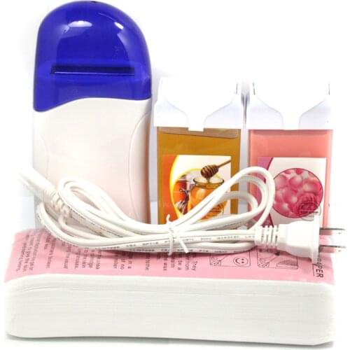 Depilatory Cable Waxing Heater kit with 100pc Wax Paper + 100g Roll On Wax Honey+Rose Hair Removal Tool