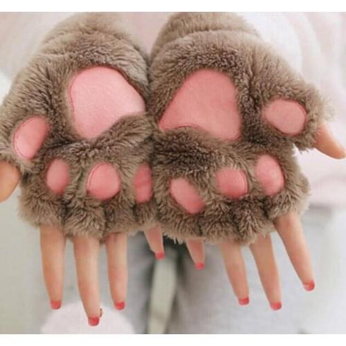 New Women Cute Cat Claw Paw Plush Mittens Warm Soft Plush Short Fingerless Fluffy Bear Cat Gloves Costume Half Finger Party Gift