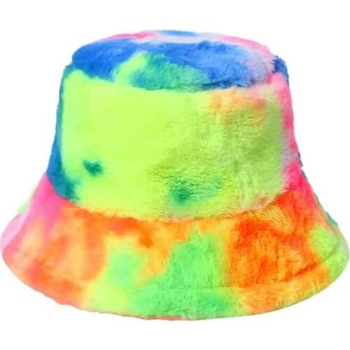 New Autumn Winter Panama Bucket Hat Women Artificial Fur Warm Female Cap Faux Fur Tie Dye Hat Outdoor Sunscreen Sun Hat Lady Cap