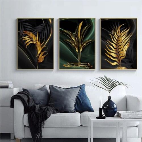 Dropship Nordic Green Modern Gold Leaves Fashion Style Canvas Painting Print Art Poster Picture For Wall Living Room Home Decor