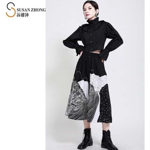 Women Skirts Female Bottoms Spring Autumn Japanese Style Designer A-Line Long Loose Art Painting Print Elastic Waist Buttons