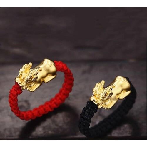Men Womens Good Lucky Jewelry Gold Plated Pi Xiu Ring Handmade Red Rope Transfer beads Ring Feng Shui Wealth Couple Ring Gifts