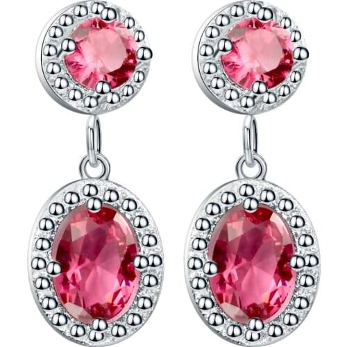 UFOORO Bright Red Cubic Zirconia Oval Created Design Stud Earrings Double CZ Clip On Earrings Unique Womens Stud Earrings Gifts