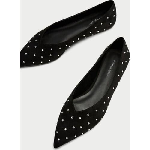 Black Suede Flats Shoes Woman 2021 Summer Diamond Elegant Dress Party Shoe Pointed Working Single Shoes Bridesmaid Bridal Shoes