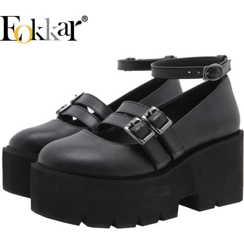EOKKAR Goth Mary Jane Shoes Platform Chunky High Heels Women Pumps Ankle Strap Block Heel Goth Pumps Buckle Size 35-43