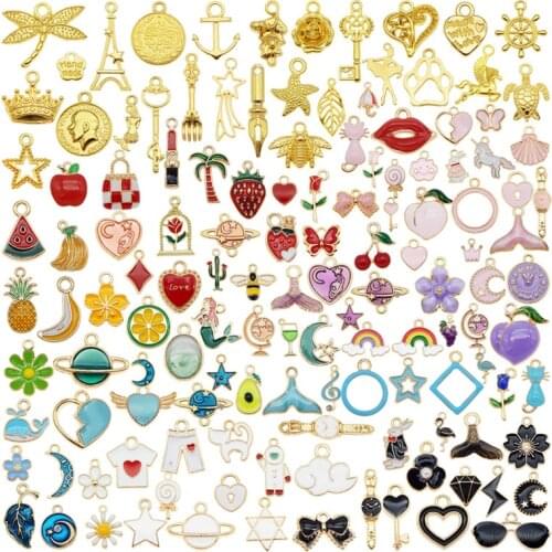 100pcs/pack Mix charms for jewelry making and crafting fashion earring bracelet necklace Star Flower enamel charms Gold pendants