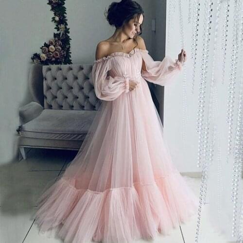 2019 Pink Tulle Evening Dress Long Sleeves Formal dress Candy Color Evening Gown Abendkleider 2019