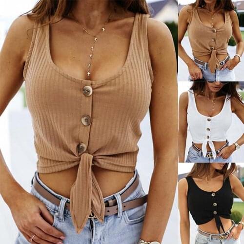 2020 Summer Top Women Sexy Solid Crop Top Striped Round Neck Button Tie Blouse Camis Vest Womens Tube Top Tanks