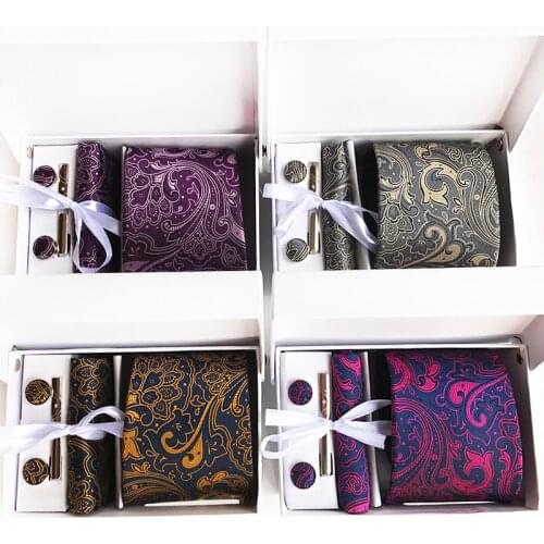 8cm Designer Men Formal Ties Set High Quality Jacquard Woven Necktie Sets Pocket Square with Cufflink Tie Clip Gift Box