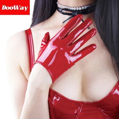 DooWay Shine Red Gloves Faux Patent Leather Extra Short 16cm 6inch Wrist Long Cosplay Costume