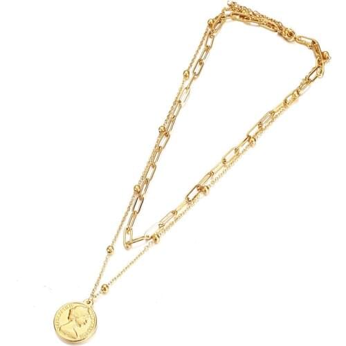 316L Stainless Steel Double Layer Paperclip Link Chain Coin Pendant Necklace For Woman Girls Multi Choker Collar Jewelry Gift