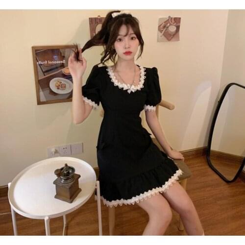 Little Black Dress Women Summer French Vintage Square Neck Puff Sleeve Dress Lace Stitching Party Club Hepburn Style Mini Dress