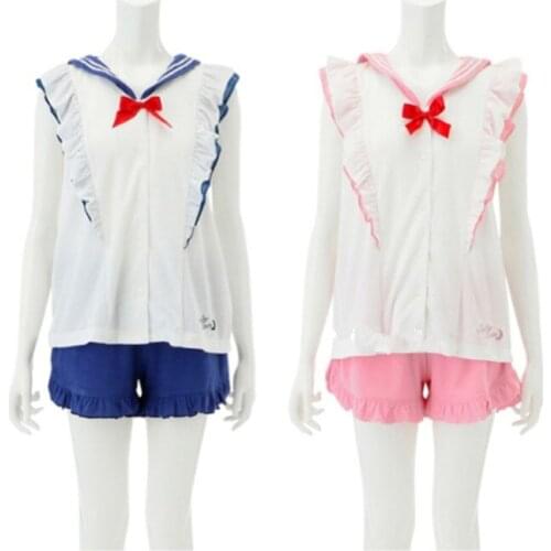 Salior Moon Anime Cute Womens Sleep Daily Wear Sleeveless Tops Shirt + Shorts Pajamas Set Blue/Pink Bow Trim