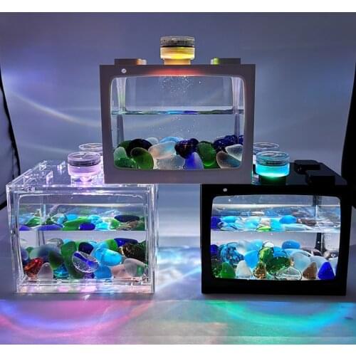 Mini Desktop Fish Tank Transparent Acrylic Aquarium LED Light Ecological Landscape Fighting Fish Tank Water Turtle Tortoise
