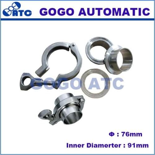 A set of 76mm Pipe O/D Sanitary 3 inch Tri Clamp Weld Ferrule + Tri Clamp + Silicon Gasket 304 Stainless Steel TC Clamps