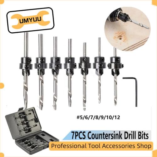UMYUU 7pcs Countersink Drill Bit Set Tampered Drill Wood Screw Drills Stop Collar Woodworking Countersinks Drills Bits