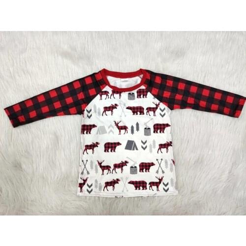 Wholesale/retail deer baby girls boys long sleeve t shirt plaid christmas style kids tops boutique childrens clothing