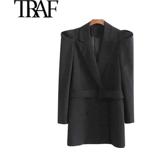 TRAF Women Vintage Stylish Office Wear Double Breasted Blazer Coat Fashion Long Puff Sleeve With Belt Female Outerwear Chic Tops