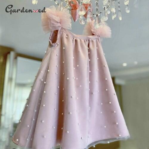 Puffy Aline Satin Loosen Kids Ball Gown Dress Girl Satin Pearls First Communion Dresses Baby Little Bride Flower Girl Dresses