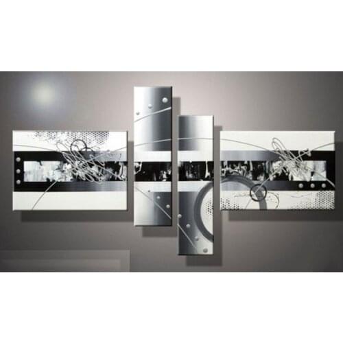 Hand-painted wall art white Black lines point home decoration abstract Landscape oil painting on canvas 4pcs/set,mixorde
