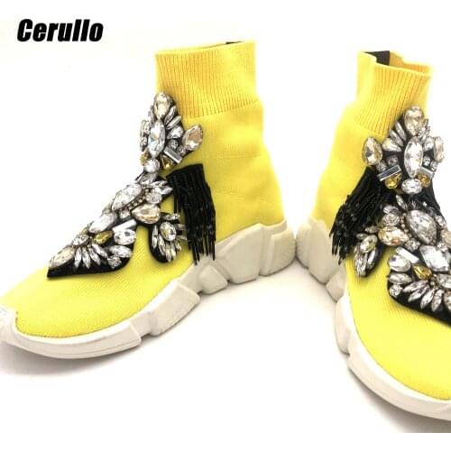 Crystal Sock Sneaker Shoes Women Yellow Shoes with Rhinestone Sock Fashion Sneakers Women Short Bling Bling Boot Shoes WK102