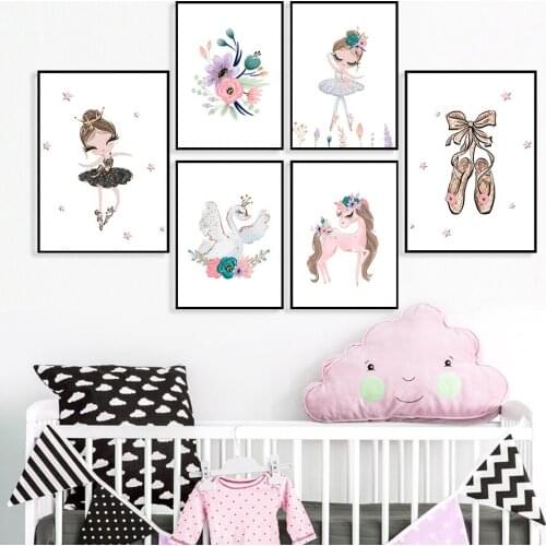 Cute Shoes Ballet Girl Unicorn Swan Nursery Nordic Posters And Prints Wall Art Canvas Painting Wall Pictures Kids Room Decor