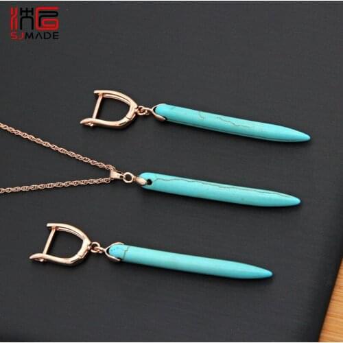 SJMADE Japanese Korean Long Synthetic Turquoises Dangle Earrings Jewelry Set 585 Rose Gold Eardrop For Women Girl Party Jewelry