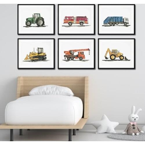 Nordic Construction Truck Toy Car Watercolor Posters Wall Art Canvas Painting Transportation Nursery Boy Room Decor Cudros