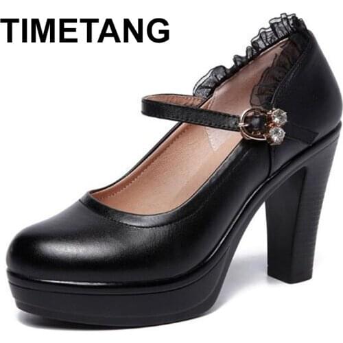 TIMETANGNew Fashion Spring Buckle Leather Cowhide Women High Heels Shoes Big Size Work Shoes Woman Comfort Non-slip women Pumps