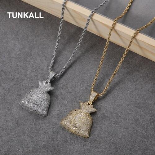 TUNKALL Dollars $ Micro pave Hip Hop Iced out Bling BlingBrass Pendant with CZ Mens Necklace Jewelry CN374
