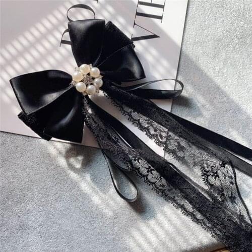 Vintage Pearl Flower Brooch Bow Tie Lace Ribbon Collar Pin Ties Necktie College Uniform Shirt Blouse Student Women Accessories