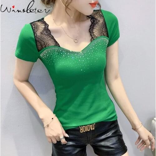 Summer European Clothes Cotton T-Shirt Chic Sexy Shiny Diamonds Patchwork Lace Women Tops Bottoming Shirt Tees New 2021 T14502A