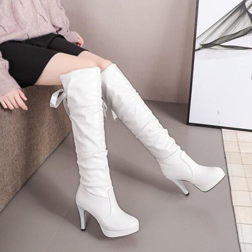 Women Slim Sexy Over The Knee Boots 2021 Black White Ribbon Lace Fashion Winter 9.5cm thin High Heels Thigh High Long Boots