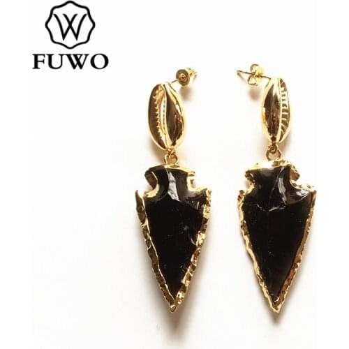 FUWO Trendy Women Natural Crystal Quartz Earrings High Quality Elegant Gold Shell Arrowhead Jewelry Gifts Wholesale ER047
