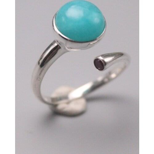 S925 Sterling Silver Ring Women Luck Blue Amazonite Round Ring 11mmW US7 Best Gift