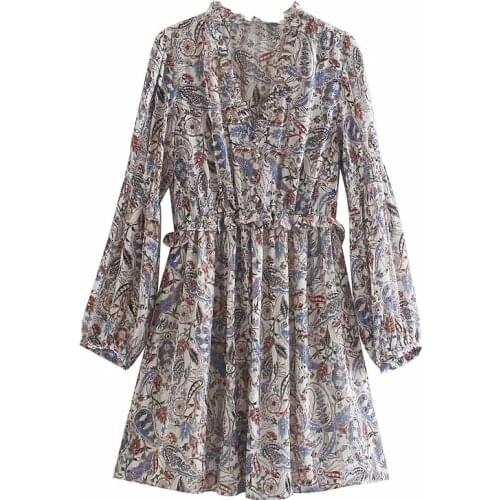 New Pop Women Dress Paisley Print Ruffled V-neckline Long Sleeves Elastic Waist Mini Dress Femme Robe Ropa Mujer Vestidos