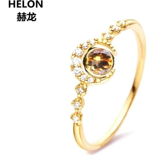 Solid 14k Yellow Gold Natural Diamonds Ring Women Engagement Wedding Ring 4mm Round Cut Citrine Trendy Fine Jewelry